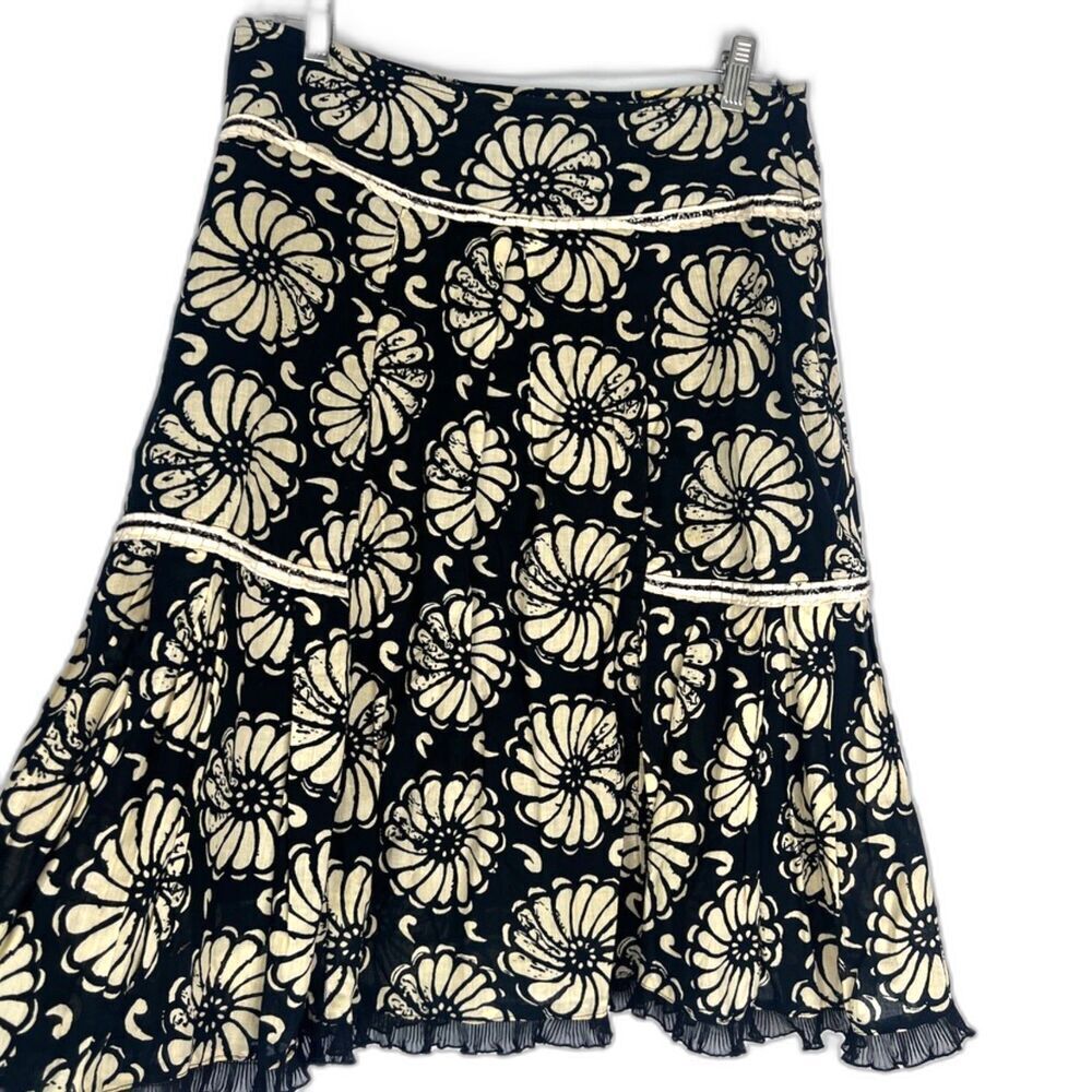 Cloche Black Cream Floral Print 100% Cotton Aline Tiered Lined Skirt Size 40/MD